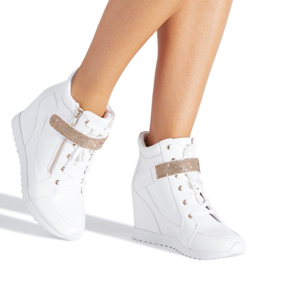Rhinestone Wedge Sneaker - White - 6.5
